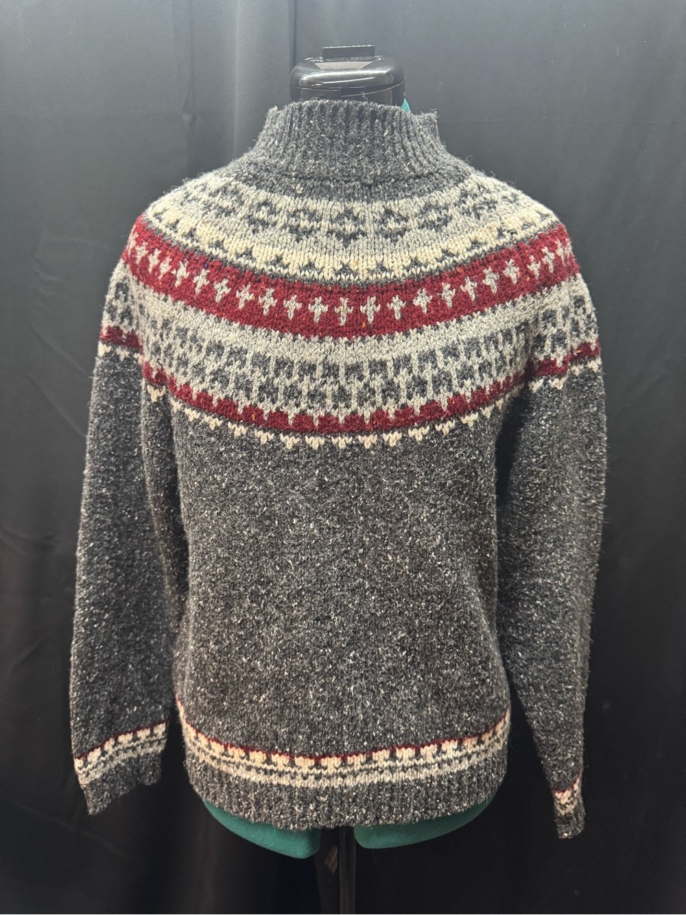 Gray Wool Fair Isle Pullover Sweater with Red Accent